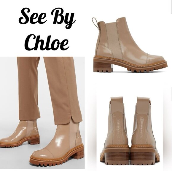 See by Chloe Mallory Chelsea Ankle Boots Dark Beige Leather 41 US 11 made SPAIN - Picture 1 of 12
